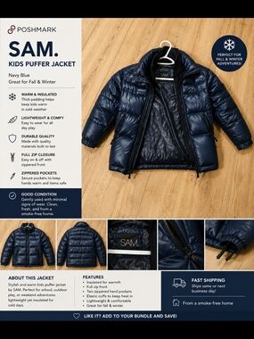 SAM. Navy Blue Kids Quilted Puffer Coat